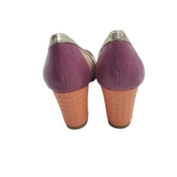Rara Avis Women's Tan Purple Orange Block Heel Peep Toe Pumps Size 7 M - Picture 7 of 11